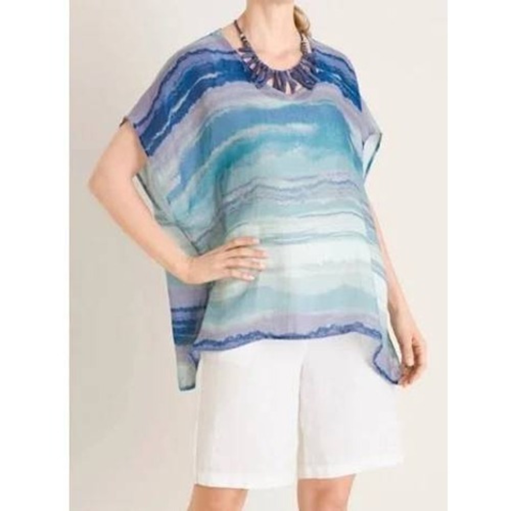 Chico's mixed watercolor Paula V Poncho women S/M Tibetan Aqua blue coastal